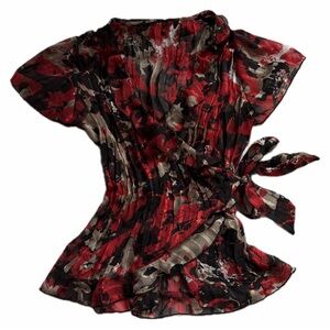 Red & Black Sheer Floral Wrap Top – Y2K Going Out Blouse, Ruffle Hem, Tie Waist